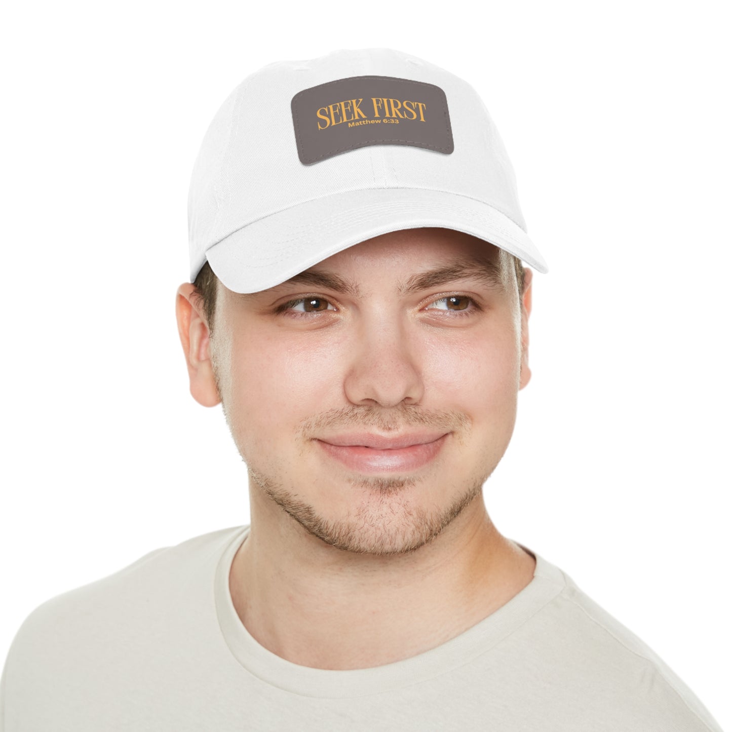 Inspirational Dad Hat with Leather Patch - Seek First Matthew 6:33